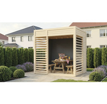 Houten tuinpaviljoen met picknicktafel en banken in de tuin