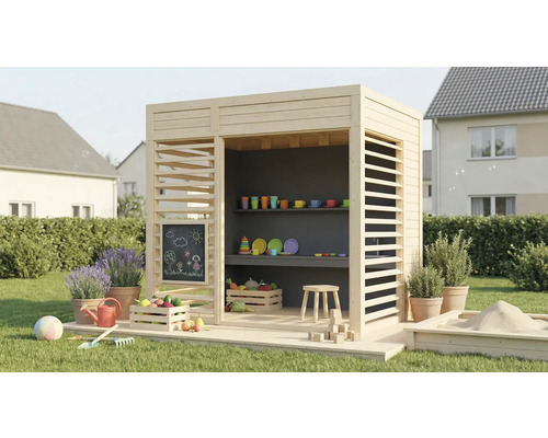 Houten speelhuis met planken, krijtbord, groenten en zandbak in de tuin