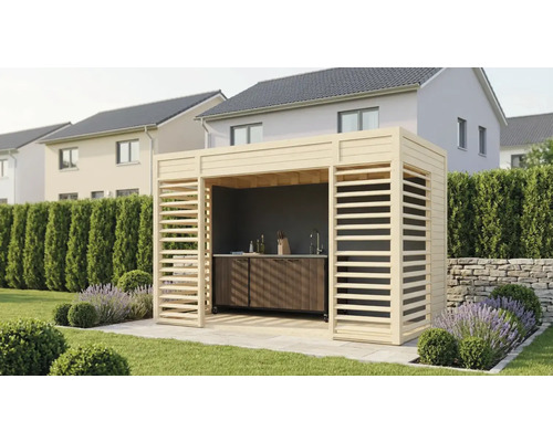 Buitenkeuken met houten frame en werkblad in de tuin