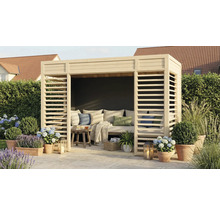 Houten tuinlounge met lamellenwanden, inclusief kussens en decoratie