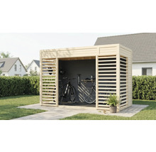 Houten fietsenberging met twee fietsen en accessoires