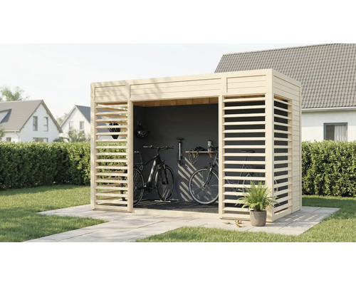Houten fietsenberging met twee fietsen en accessoires