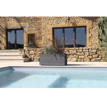 Grijze plantenbak met beplanting naast een zwembad voor een huis