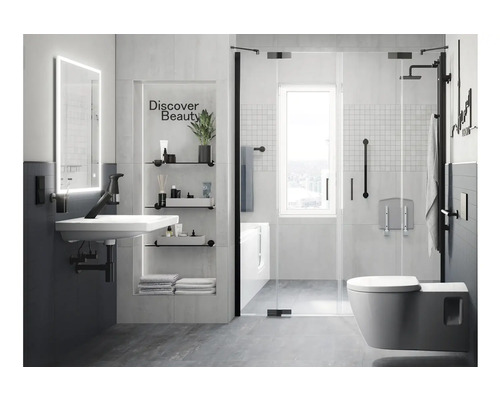 MIRAVA Mozaïektegel Glasgow wit/grijs 30x30 cm Moderne badkamer met wastafel, spiegel, planken, douchecabine en toilet voor een heldere en functionele ruimtesfeer.