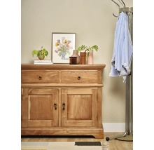 Houten dressoir met twee lades en twee deuren, gedecoreerd met planten, een lijst en vazen