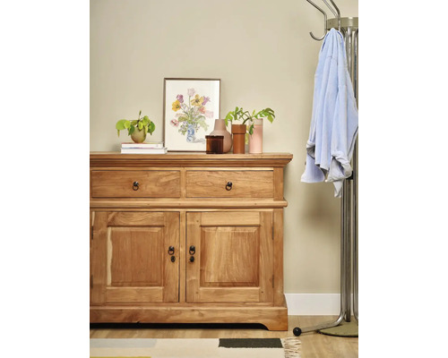 Houten dressoir met twee laden, twee deuren, decoratie, schilderij en kapstok