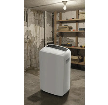 Witte luchtontvochtiger in een kelderruimte met rekken en gereedschap.