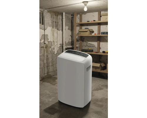 Witte luchtontvochtiger in een kelderruimte met rekken en gereedschap.