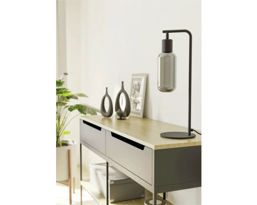 Decoratief dressoir met tafellamp, vazen en kamerplant voor een stijlvol interieur