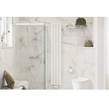 Badkamer met douche, radiator en toilet in een lichte en ruimtelijke opstelling.