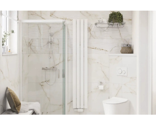 Badkamer met douche, radiator en toilet in een lichte en ruimtelijke opstelling.