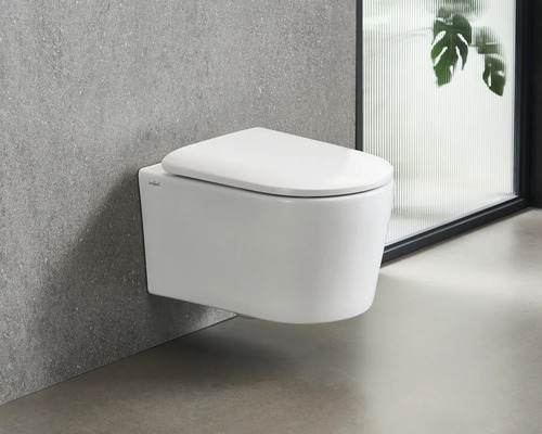 Hangtoilet van keramiek met toiletbril voor een grijze muur