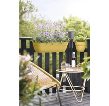 Scene op een balkon met bloembakken, planten en bijzettafel met drankjes.