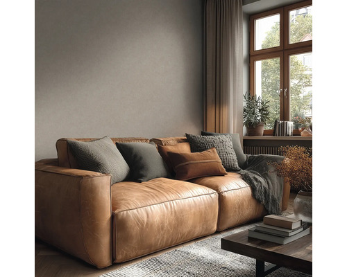 Woonkamer met leren bank, kussens en decoratie