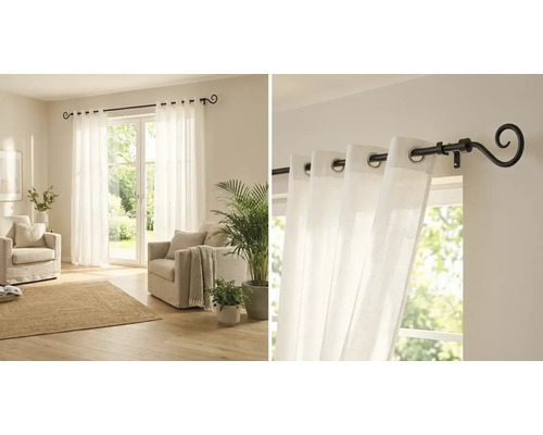 Woonkamer met witte gordijnen en gordijnroede