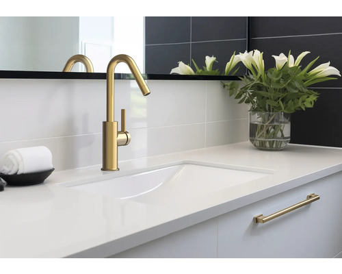 Moderne badkamer met kraan, wastafel en accessoires