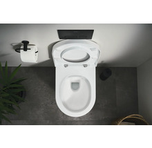 Bovenaanzicht van een toilet met open toiletbril, bedieningspaneel en toiletpapierhouder