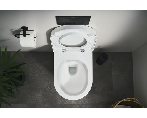 Bovenaanzicht van een toilet met open toiletbril, bedieningspaneel en toiletpapierhouder