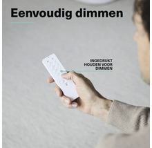 Persoon houdt een afstandsbediening vast om lichten te dimmen