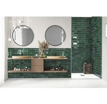Moderne badkamer met wastafels, spiegels, groene tegels en douche