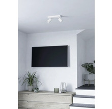 Woonkamer met flatscreen televisie, commode en plafondlamp met twee spots