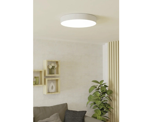 Plafondlamp in een lichte woonkamer met rekken en plant.