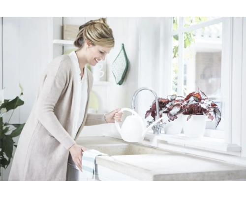 Vrouw geeft planten in de keuken water met een gieter