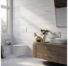 Moderne badkamer met witte marmeren tegels, wastafelmeubel en wandcloset.