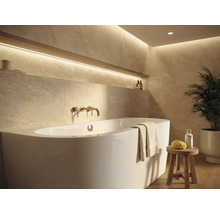 Lichte badkamer met bad, kraan en plank met decoratie