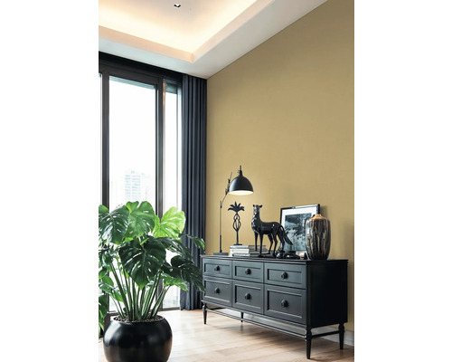 Woonkamer met zwart dressoir, lamp, decoratie en kamerplant