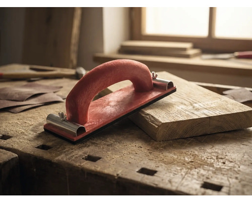 Handschuurblok met handvat op werkbank