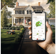 Scene met een robotmaaier op een gazon en een hand die een smartphone vasthoudt met een app om de robot te bedienen