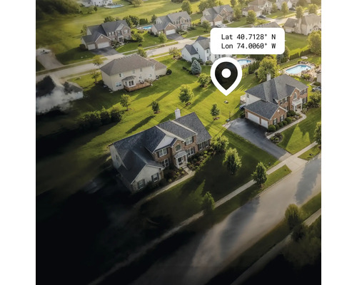 Luchtfoto van een woonwijk met huizen, tuinen en straten