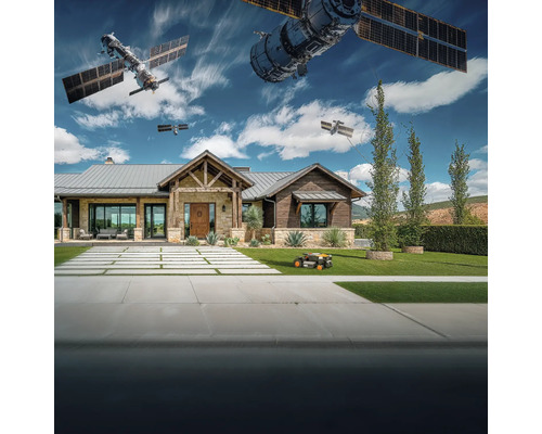 Modern huis met robotmaaier en satellieten in de lucht