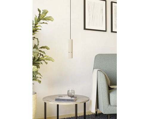 Woonkamer met hanglamp, plant, tafel en fauteuil.