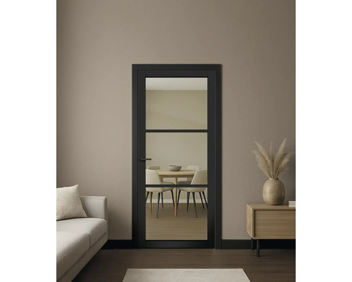 Zwarte binnendeur met glazen paneel in een woonkamer