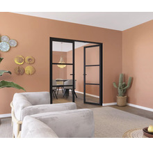 Woonkamer met zwarte binnendeur, fauteuils en cactus