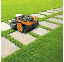 Robotmaaier op een gazon met een pad van stenen platen