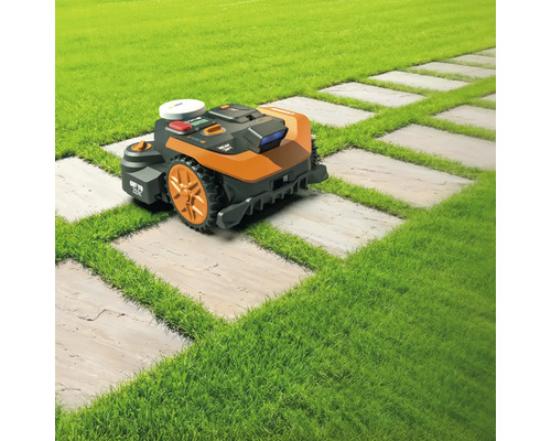 Robotmaaier op een gazon met een pad van stenen platen