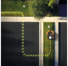 Bovenaanzicht van een robotmaaier die zich tussen twee gazons verplaatst.