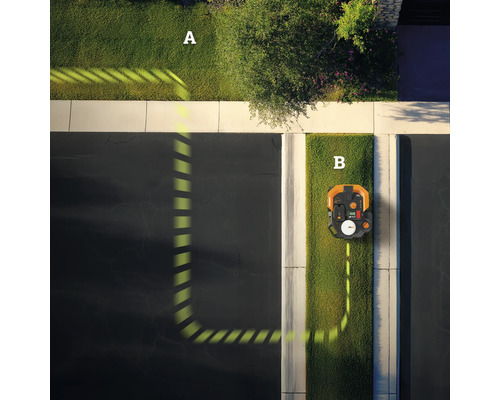 Bovenaanzicht van een robotmaaier die zich tussen twee gazons verplaatst.