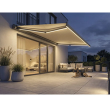 Verlichte luifel boven een terras met tuinmeubelen en een hond