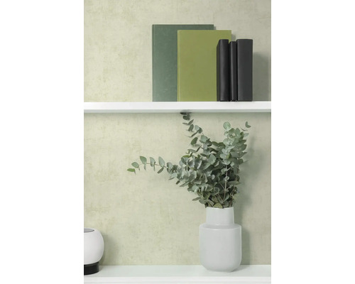 Gestructureerd vliesbehang met pleisterlook op een muur met een plank, boeken en een vaas met eucalyptustakken.