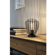 Decoratieve tafellamp met een lampenkap van metalen spijlen en een gloeilamp.