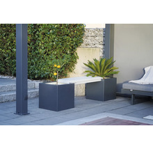 Tuinscene met plantenbakken en een zitbank buiten