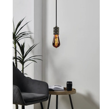 Hanglamp met gloeilamp in een woonkamer.
