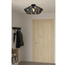 Metalen plafondlamp in de hal met kapstok en houten deur