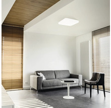 Woonkamer met bank, stoel, jaloezieën en plafondlamp