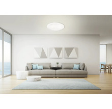 Lichte woonkamer met moderne plafondlamp, bank en vloerkleed