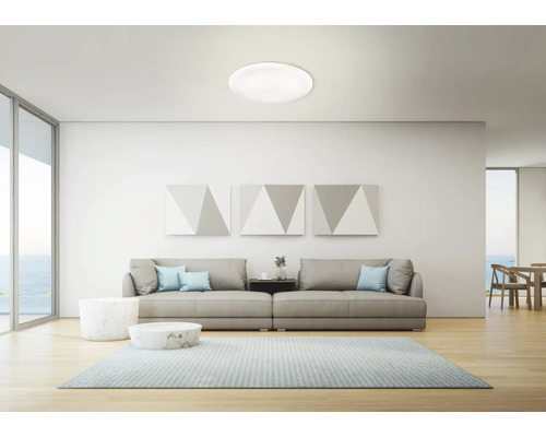 Lichte woonkamer met moderne plafondlamp, bank en vloerkleed